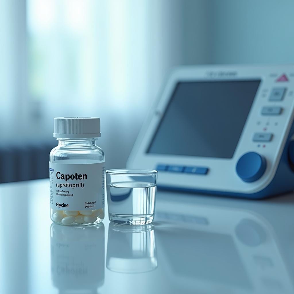 Photorealistic style, medical context: a calm doctor’s desk with a bottle labeled Capoten (captopril) next to a small glass of water and a capsule bottle labeled Glycine, a blood pressure monitor in the background, cool white-blue color palette, high realism, attention to detail in textures and lighting, 3/4 view